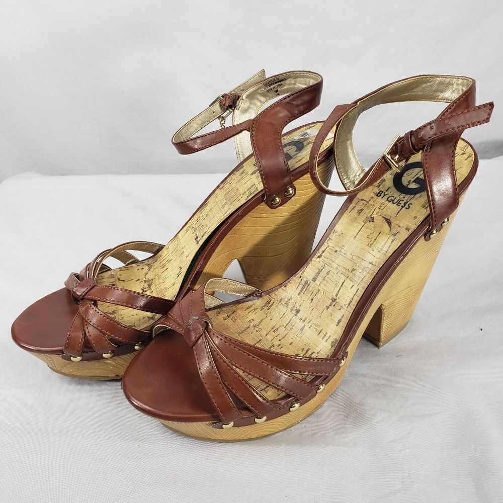 G By Guess Sandals Womens 10 M Strap Block Heels Brown Faux Leather Casual Open
